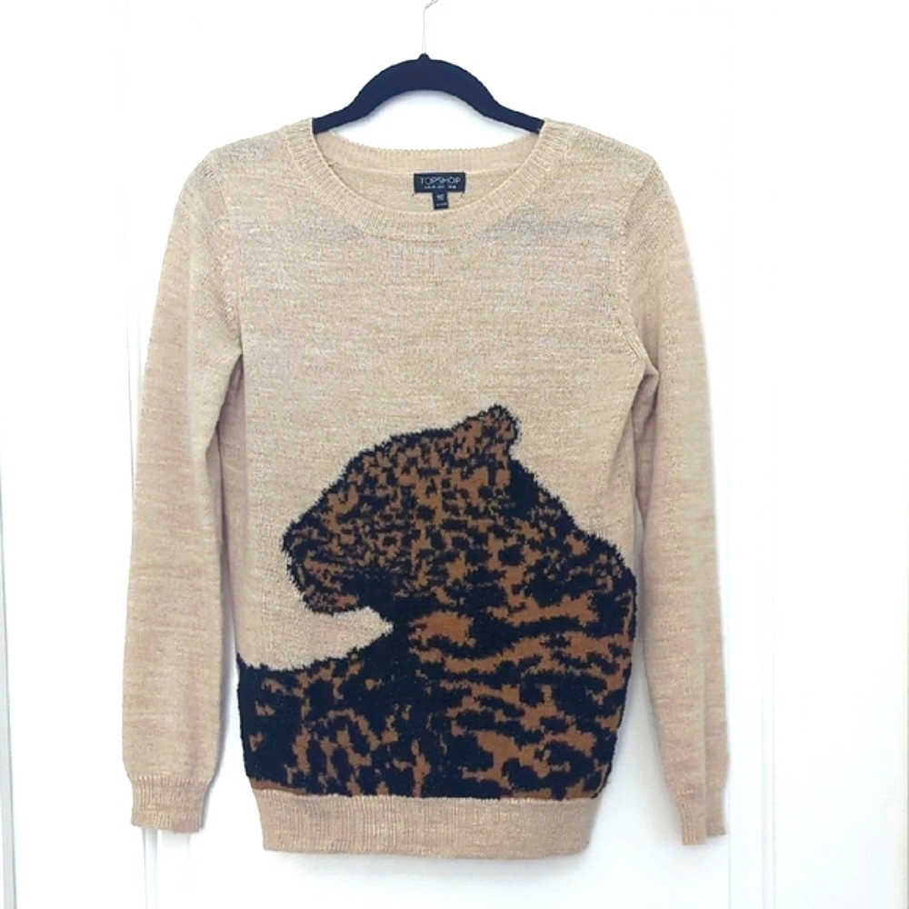 Topshop Tan and Black Crew Neck Sweater with Animal Print